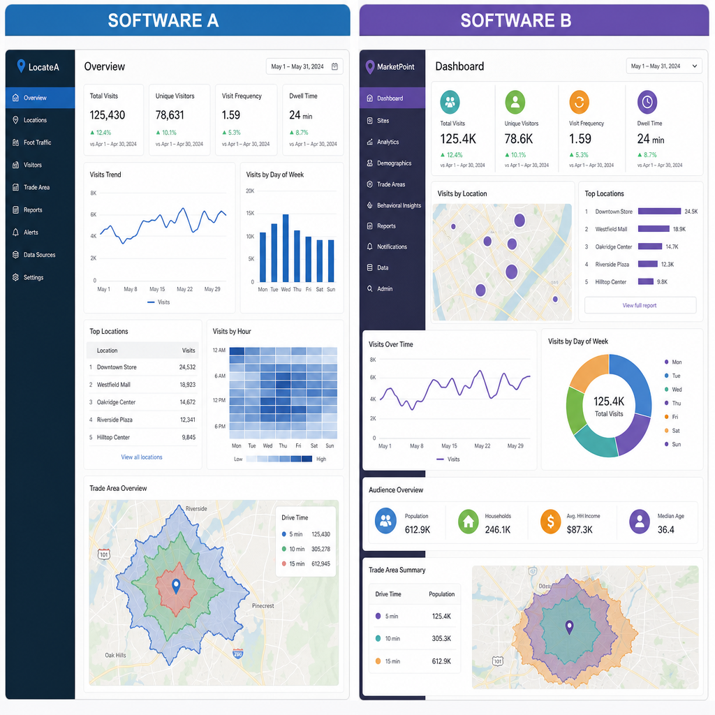 Comparison of Placer.ai, Buxton, ESRI, and RestaurantSiteFinder geospatial analytics for restaurant site selection