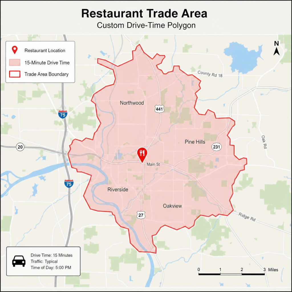 Restaurant trade area analysis workflow using drive-time polygons and mobile foot traffic data