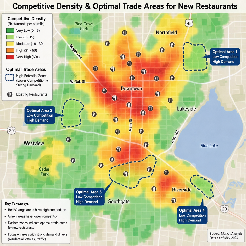 Competitive density mapping and GIS trade area analysis for restaurant site selection