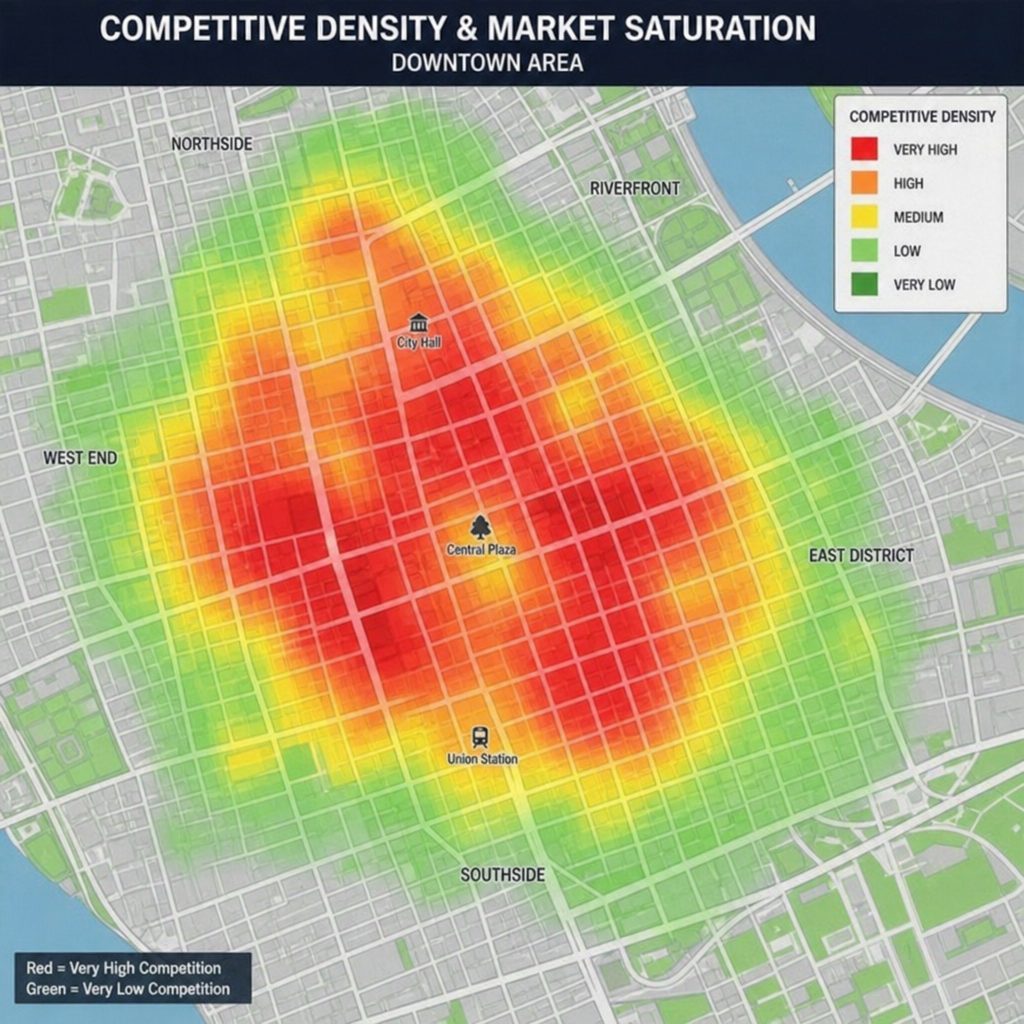 Competitive density mapping and franchise catchment areas for restaurant expansion