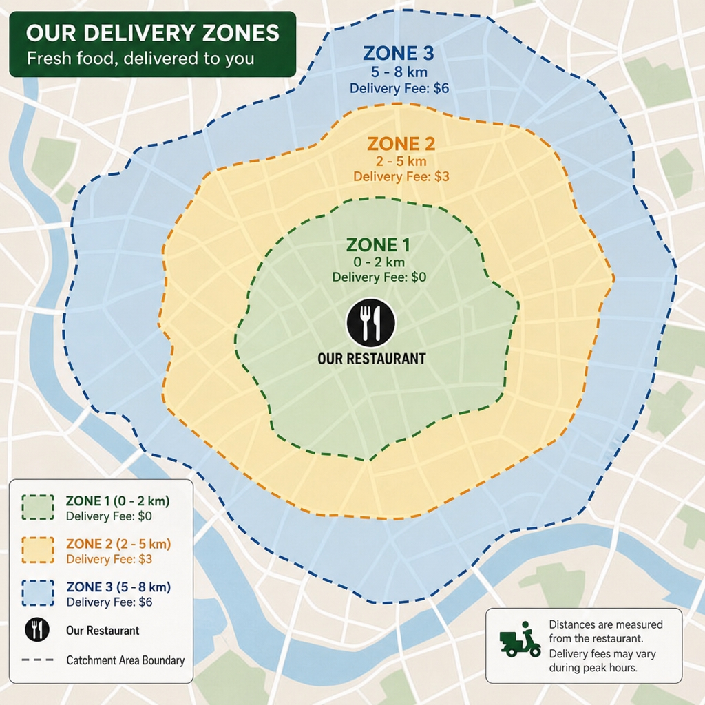Restaurant catchment area boundaries and delivery radius mapping for site selection