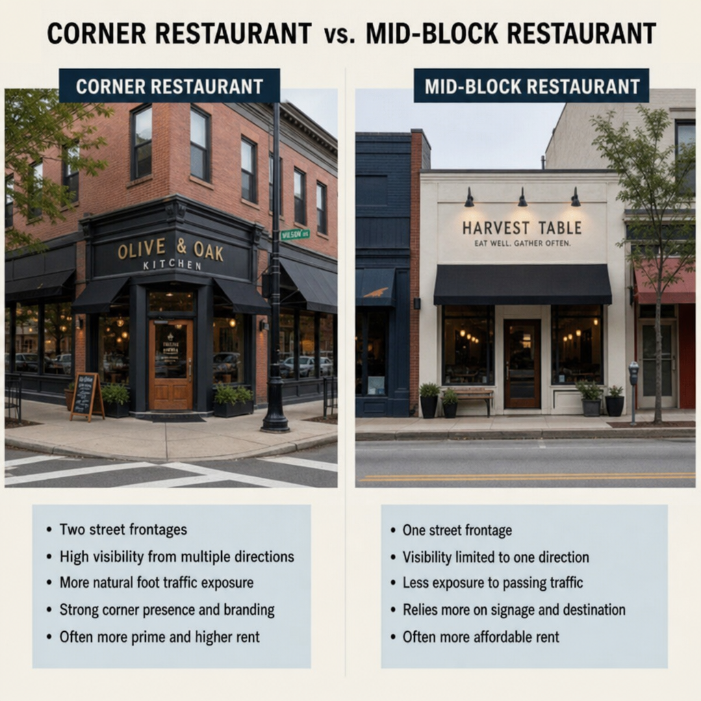 Restaurant storefront visibility analysis comparing corner vs mid-block placement and foot traffic patterns