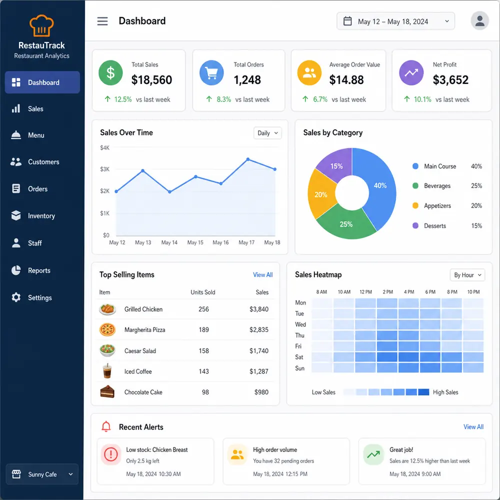 Restaurant analytics software dashboard showing sales performance and profit metrics
