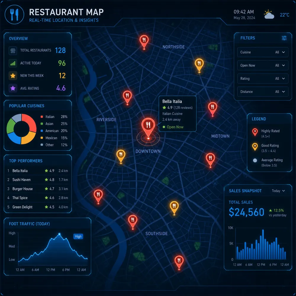 AI market analysis dashboard for restaurant location selection and foot traffic prediction