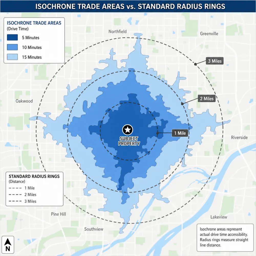 Geospatial isochrones and trade area mapping for restaurant site selection