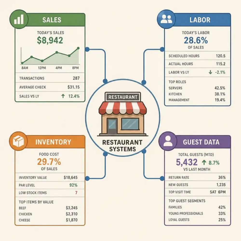 Restaurant analytics software dashboard showing sales, labor, and operational performance metrics