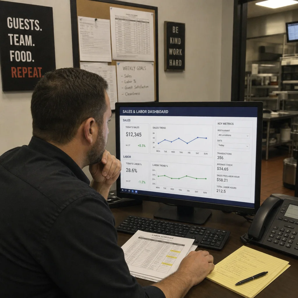 Restaurant BI software dashboard showing sales, food cost, and labor KPIs