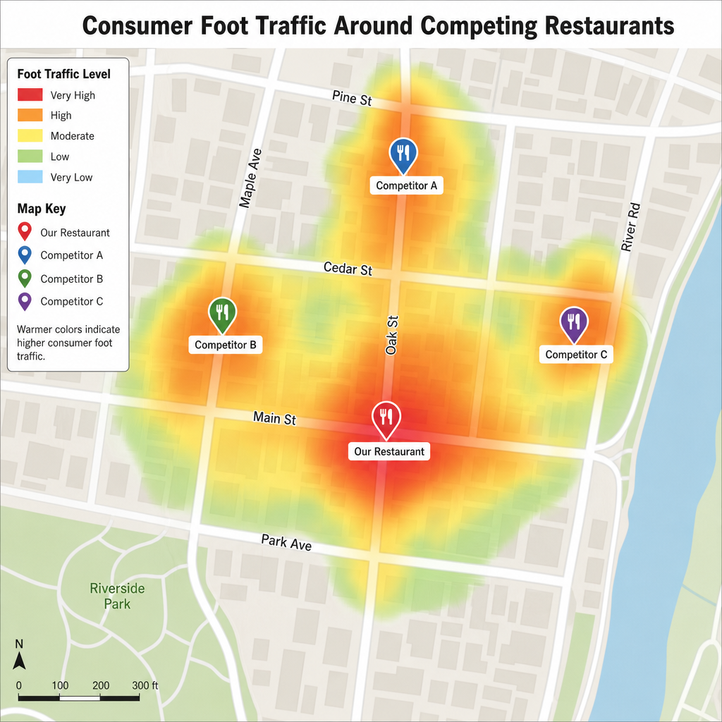 Competitor foot traffic and demographic profiling for restaurant location analysis