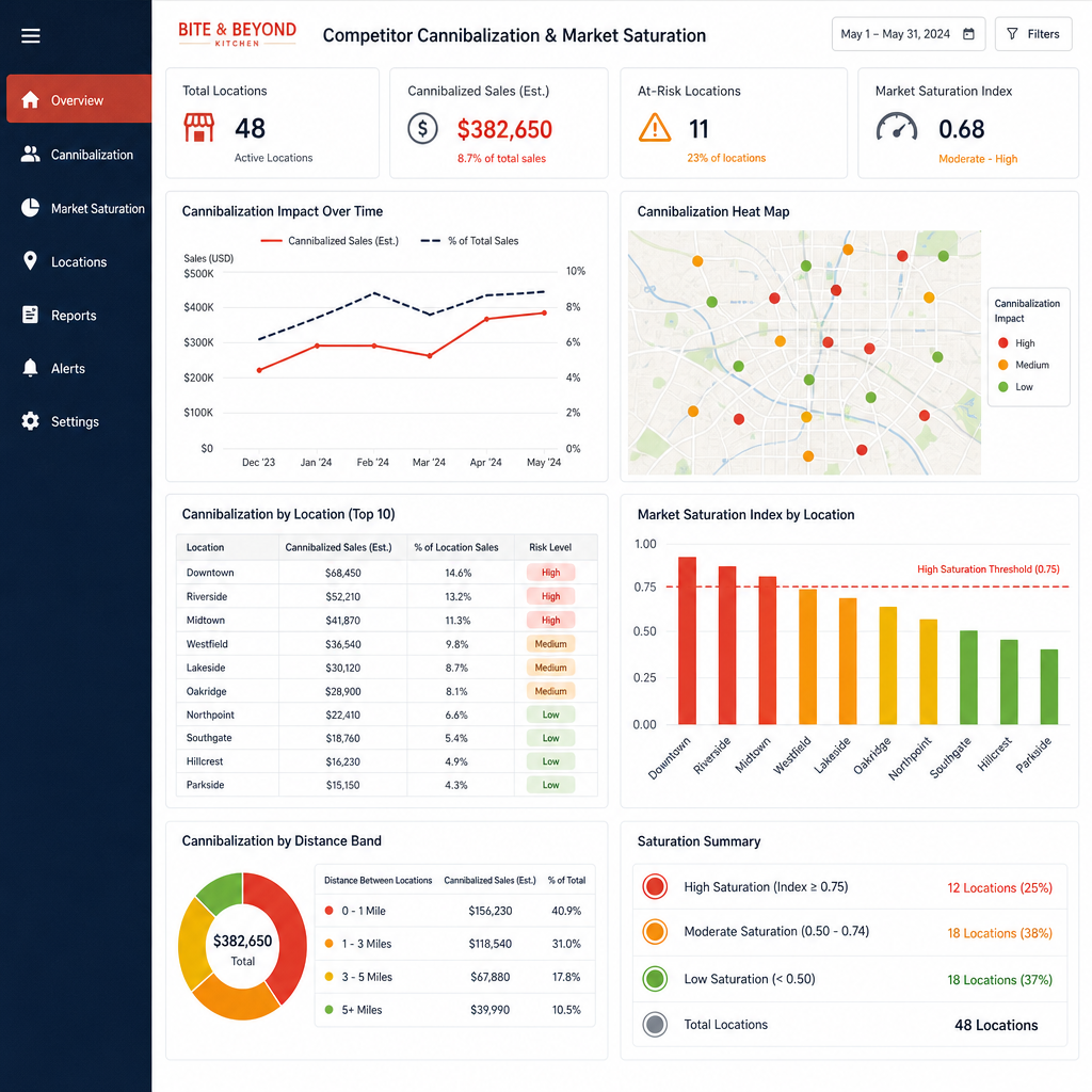 Multi-location restaurant network expansion with cannibalization and saturation analysis