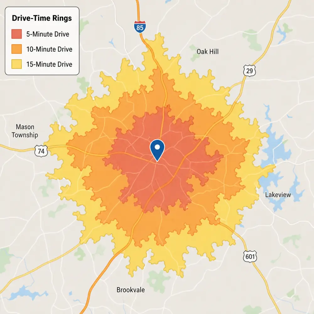 Restaurant trade area analysis and drive-time rings for site selection