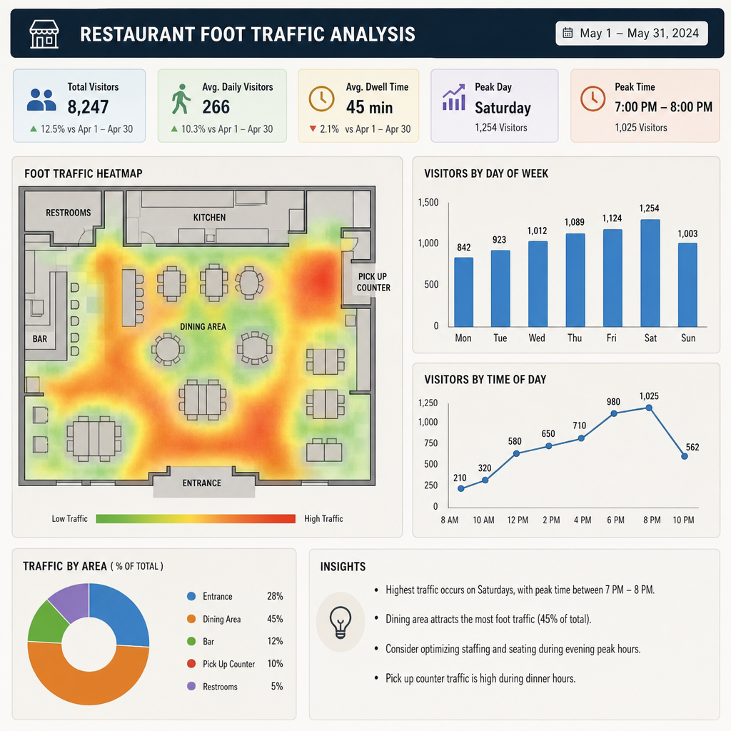 Foot traffic and storefront visibility analysis for restaurant sites