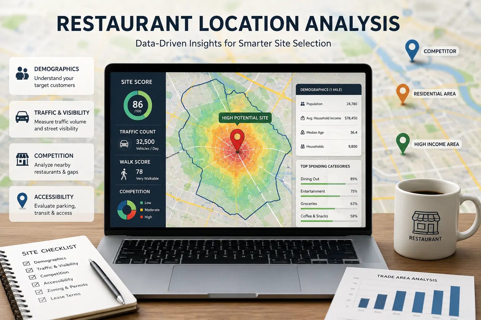 Restaurant location analysis dashboard with site score, traffic, demographics, and trade area map