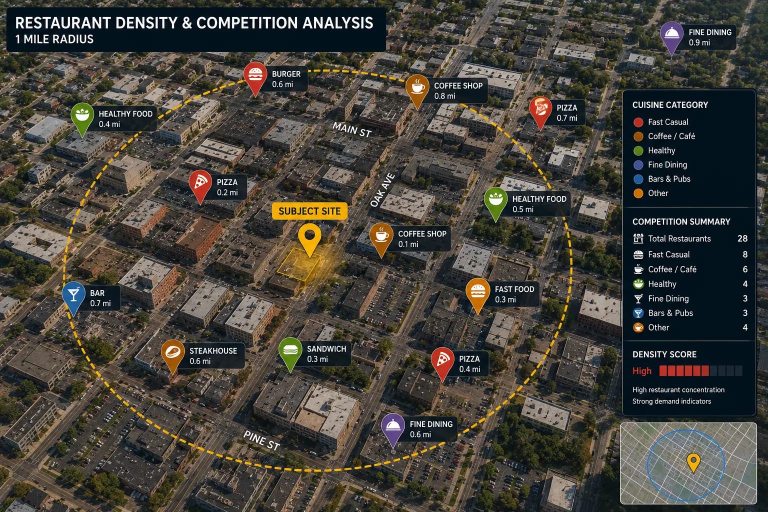 Primary, secondary, and tertiary restaurant trade area rings with site evaluation criteria