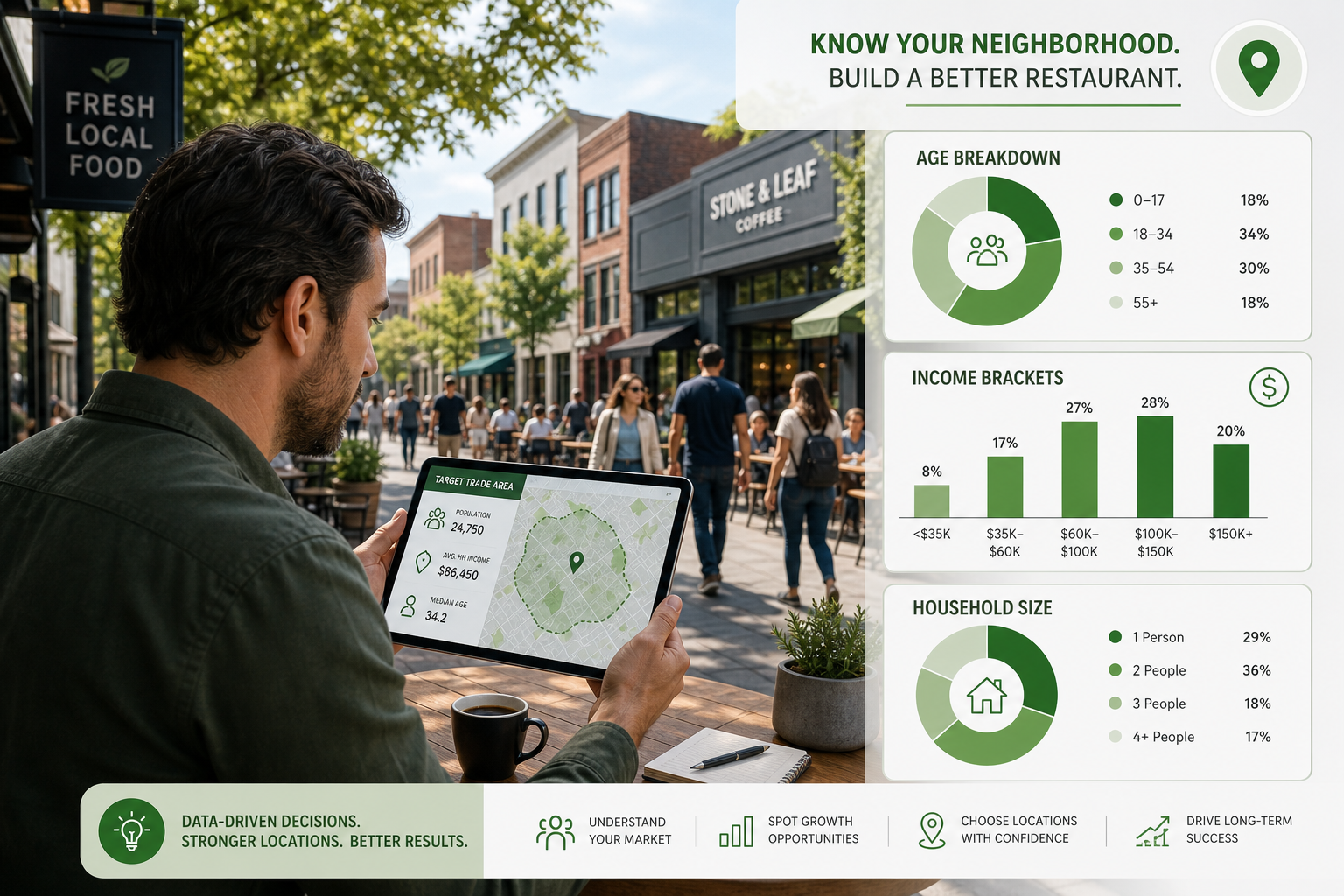 Restaurateur reviewing demographic breakdown charts for neighborhood site selection analysis