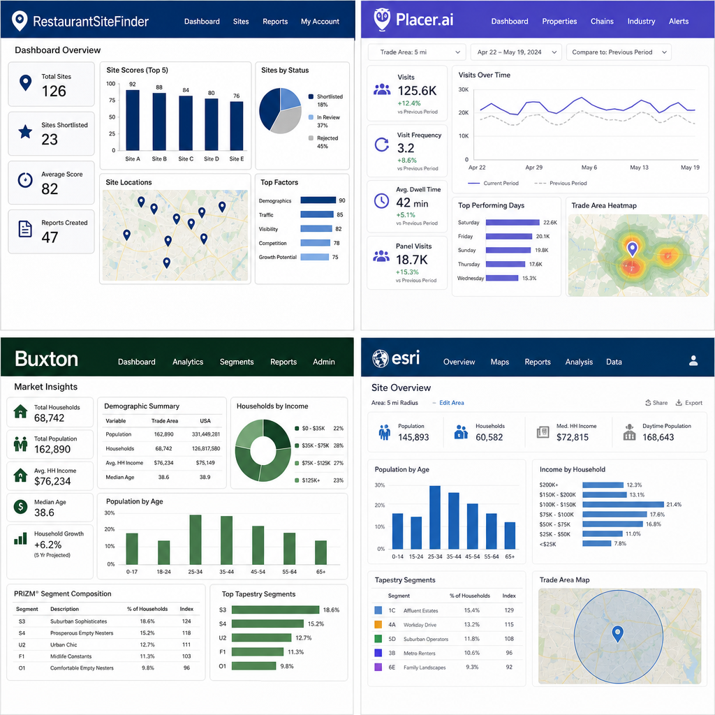 Restaurant site selection tool comparison: RestaurantSiteFinder vs Placer.ai vs Buxton vs ESRI in 2026
