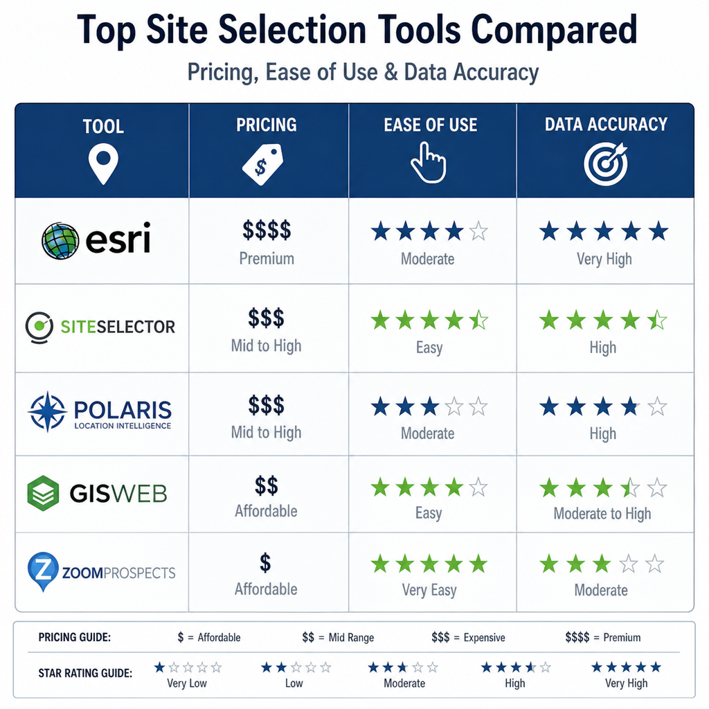 Feature showdown comparing RestaurantSiteFinder, Placer.ai, Buxton, and ESRI site selection tools